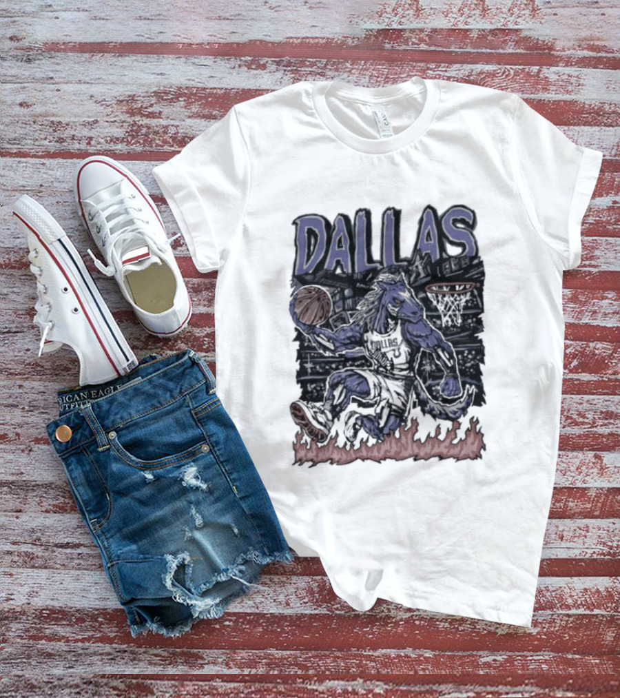 Dallas Mavericks Champ Cartoon Basketball Player Fire Hoops T-Shirt