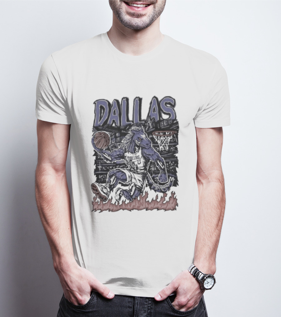 Dallas Mavericks Champ Cartoon Basketball Player Fire Hoops T-Shirt