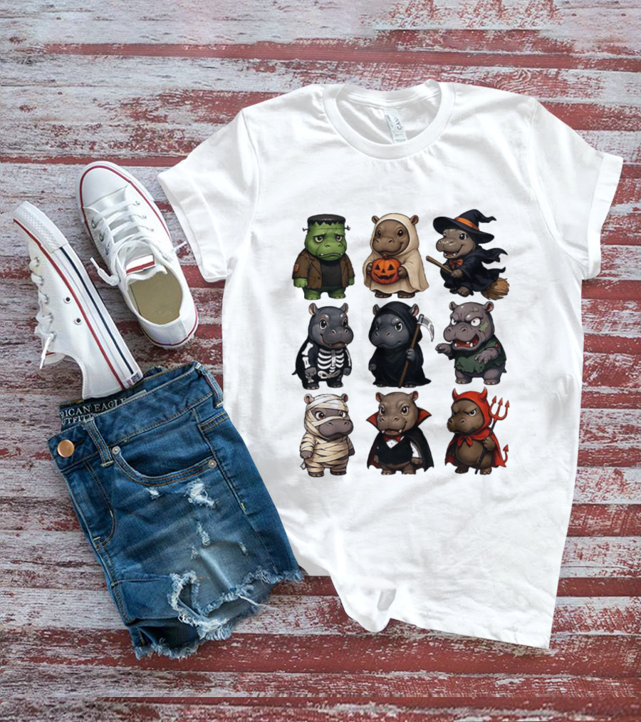 Baby Hippo Frankenstein Ghost Witch Skeleton Grim Reaper Zombie Mummy Dracula Devil Halloween 2025 T-Shirt