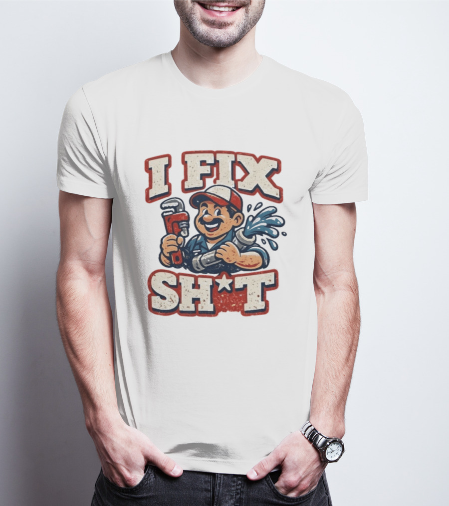 I Fix Sht Plumber Cartoon Graphic With Pipe And Wrench T-Shirt