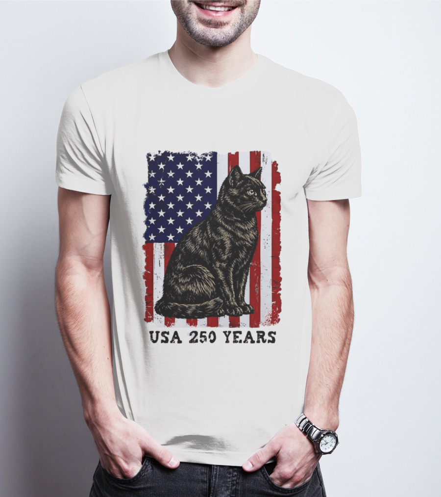 USA 250 Years Liberty Cat American Flag T-Shirt