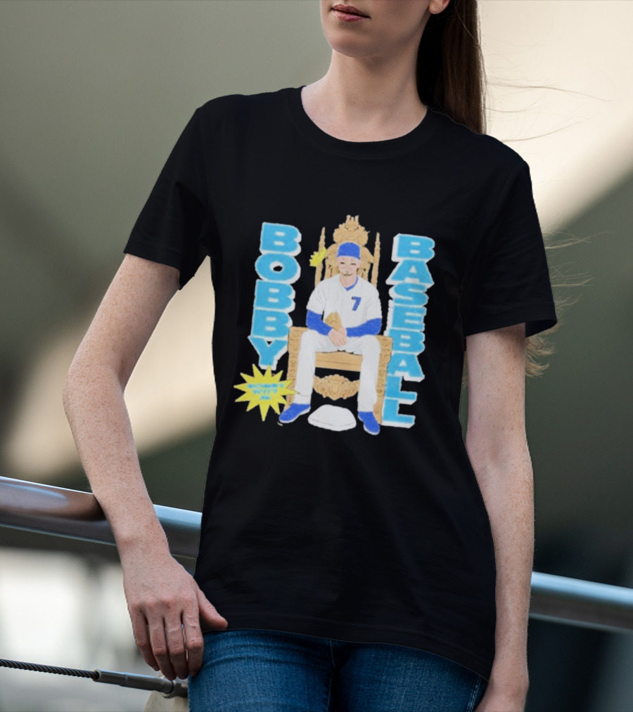 Bobby Baseball Throne Number 7 Blue Cap Batting Glove T-Shirt