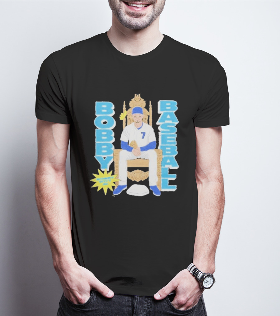 Bobby Baseball Throne Number 7 Blue Cap Batting Glove T-Shirt