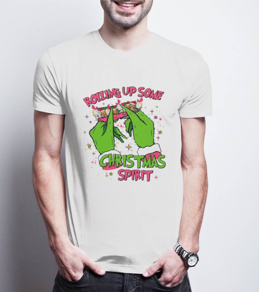 Grinch Rolling Up Some Christmas Spirit With Green Hands And Glitter Stars T-Shirt