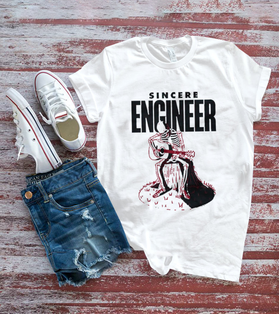 Sincere Engineer Skeleton Playing Guitar On Tree Stump T-Shirt