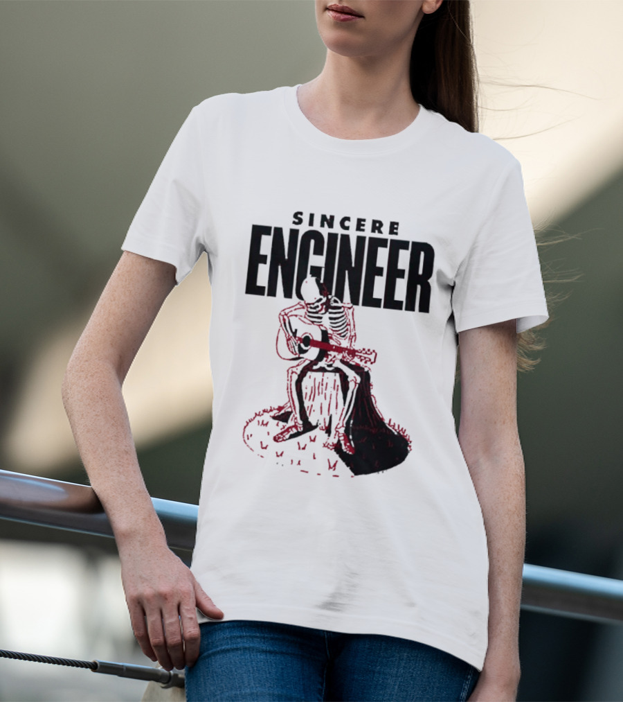 Sincere Engineer Skeleton Playing Guitar On Tree Stump T-Shirt