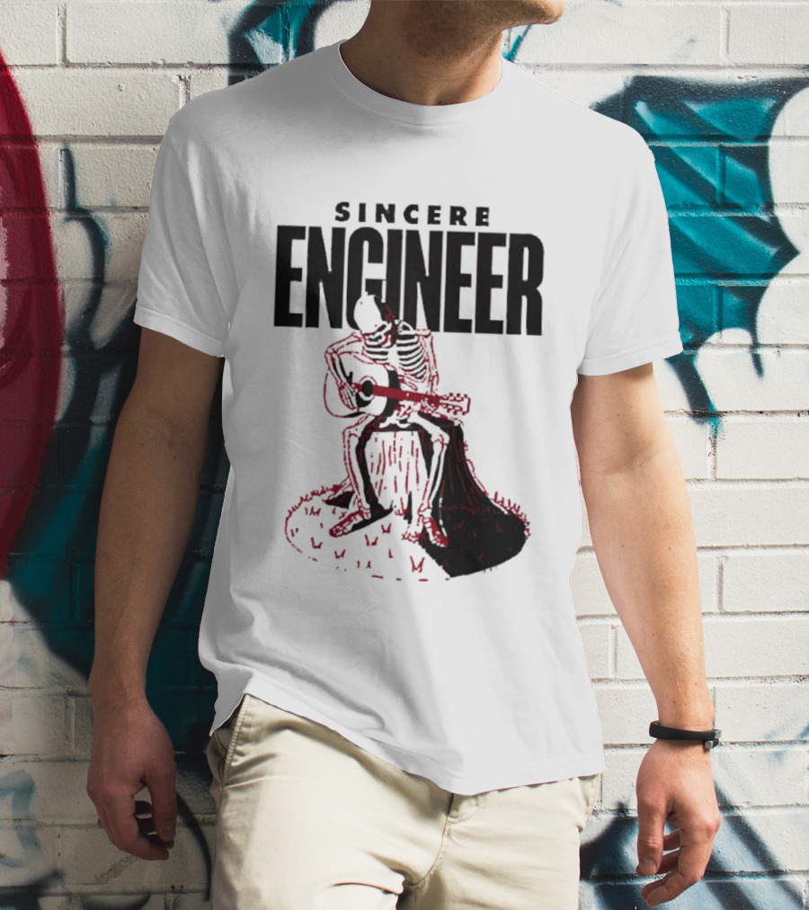 Sincere Engineer Skeleton Playing Guitar On Tree Stump T-Shirt