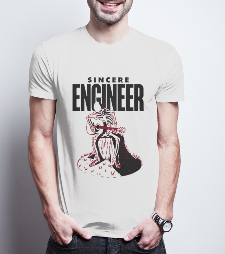 Sincere Engineer Skeleton Playing Guitar On Tree Stump T-Shirt