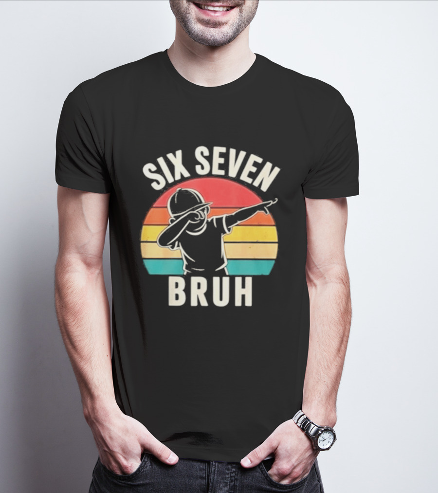 Six Seven Bruh Dabbing Retro Rainbow T-Shirt