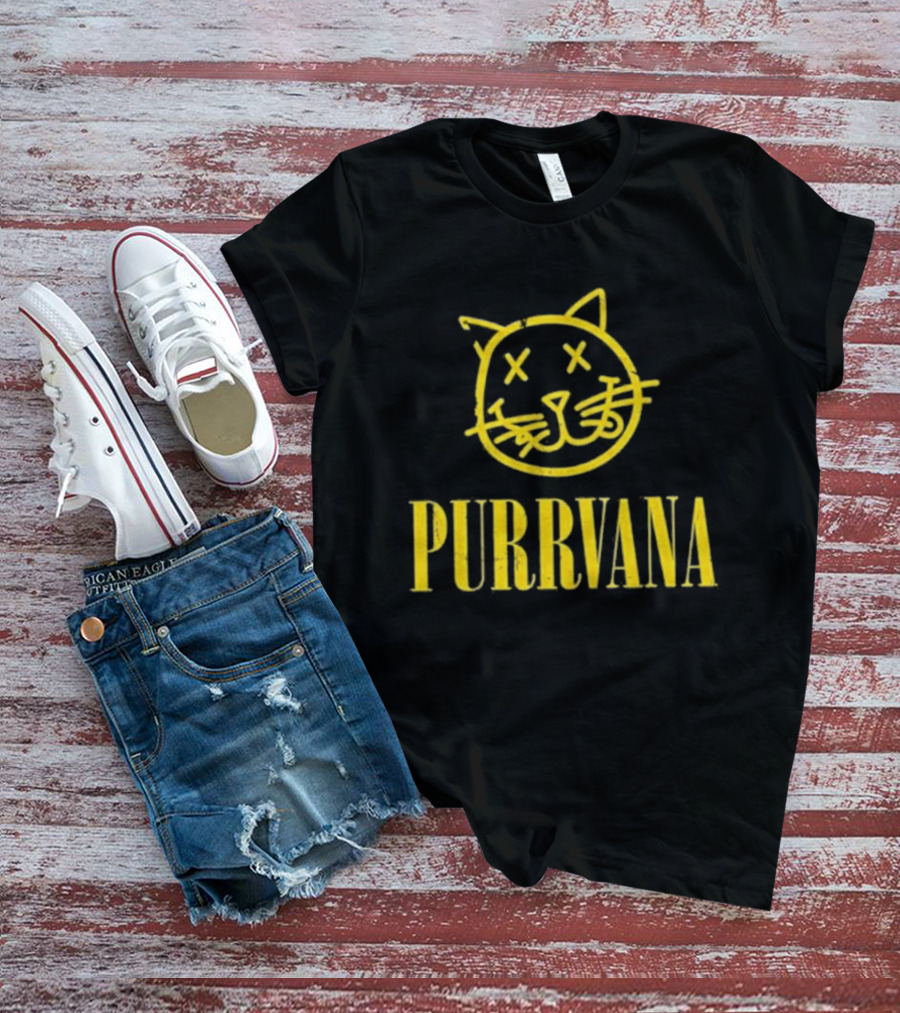 Purrvana Cat Face Yellow Grunge Style Kitty T-Shirt