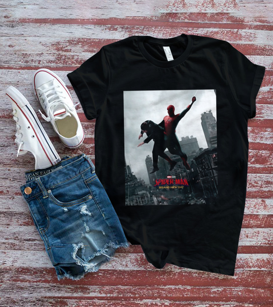 Spider Man Brand New Day Marvel Comic Scene Flying Over City Skyline T-Shirt