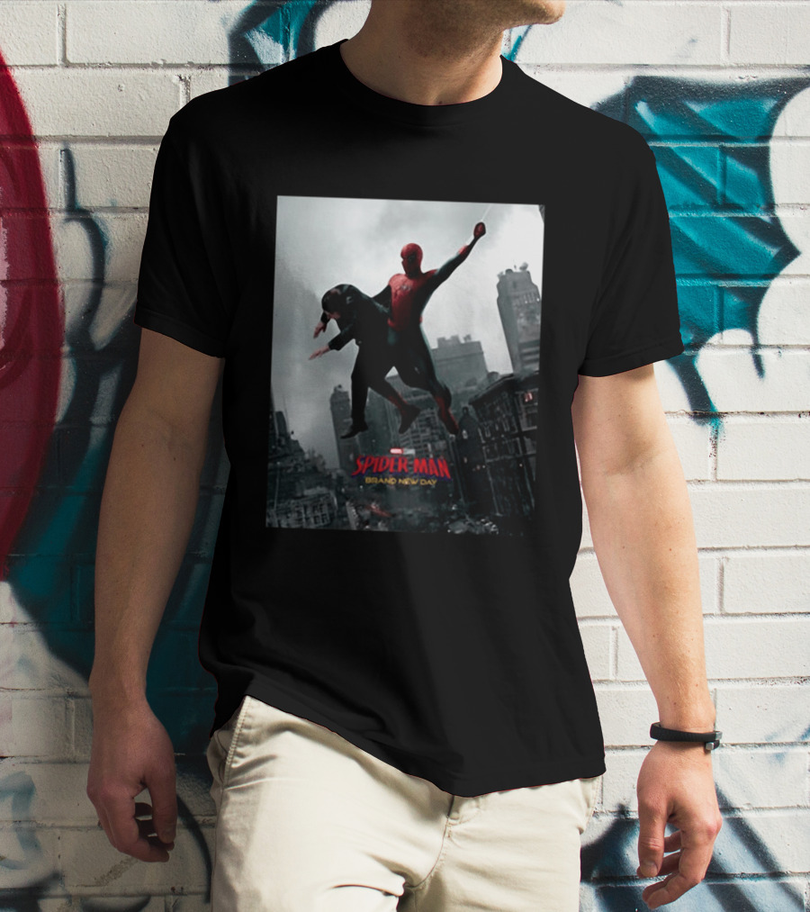 Spider Man Brand New Day Marvel Comic Scene Flying Over City Skyline T-Shirt
