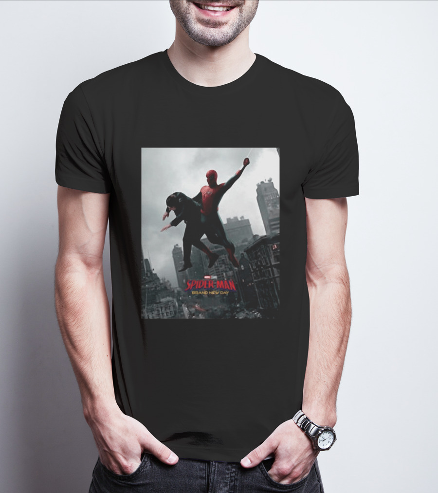 Spider Man Brand New Day Marvel Comic Scene Flying Over City Skyline T-Shirt