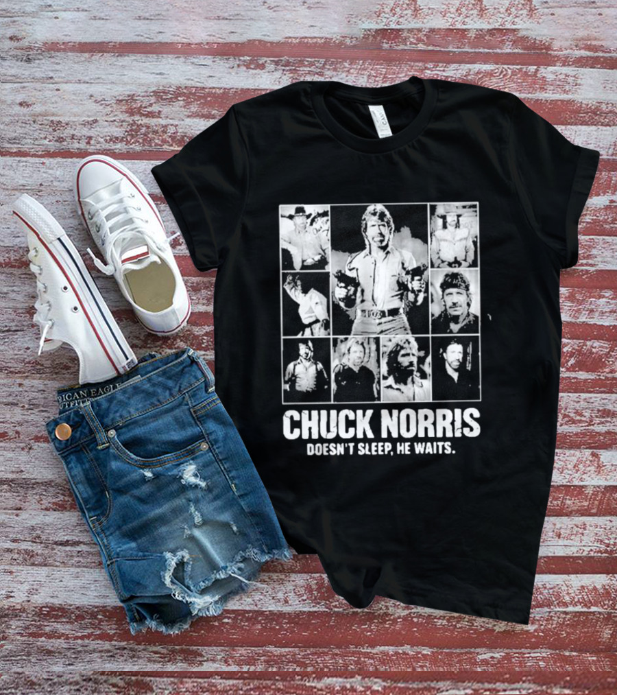 Chuck Norris Doesn't Sleep He Waits Iconic Photos Collage T-Shirt