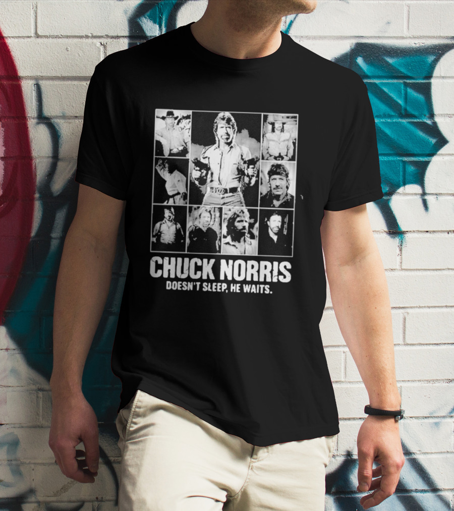 Chuck Norris Doesn't Sleep He Waits Iconic Photos Collage T-Shirt