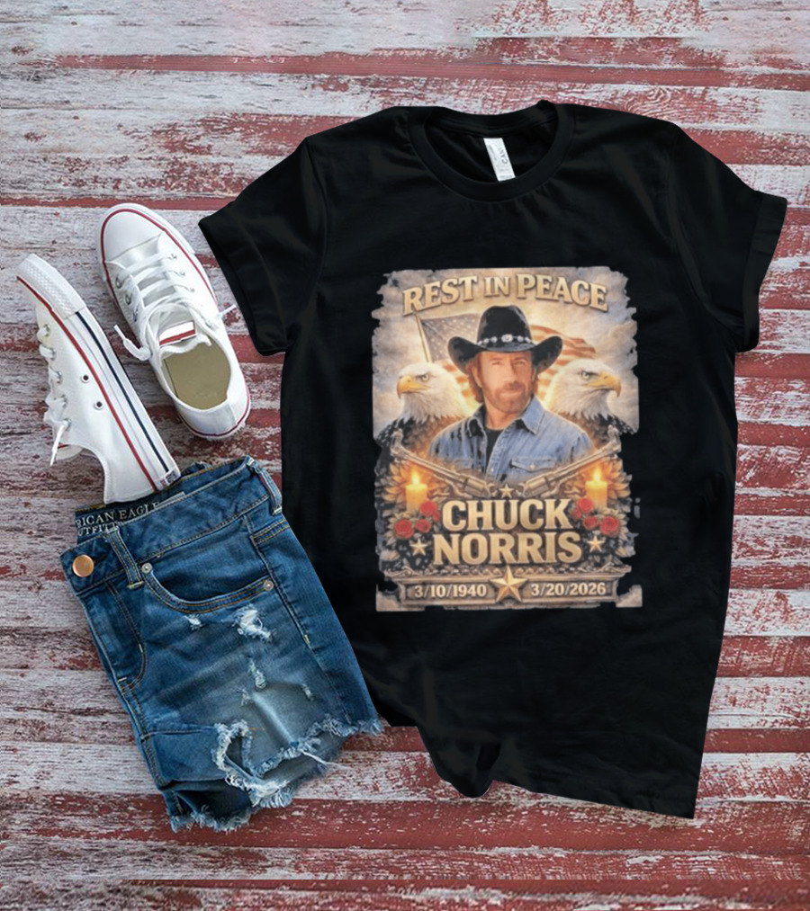 Rest In Peace Chuck Norris With Bald Eagles American Flag And Candles T-Shirt