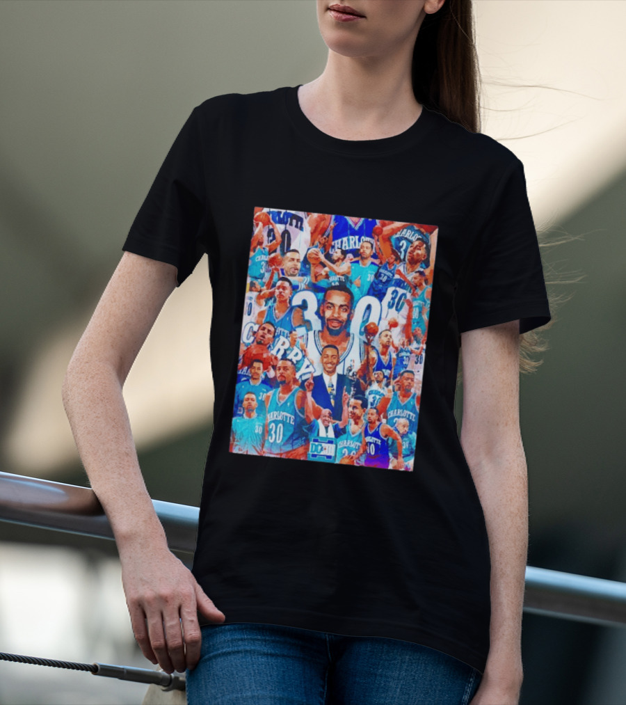 Dell Curry Charlotte Hornets 30 Jersey Collage Throwback T-Shirt