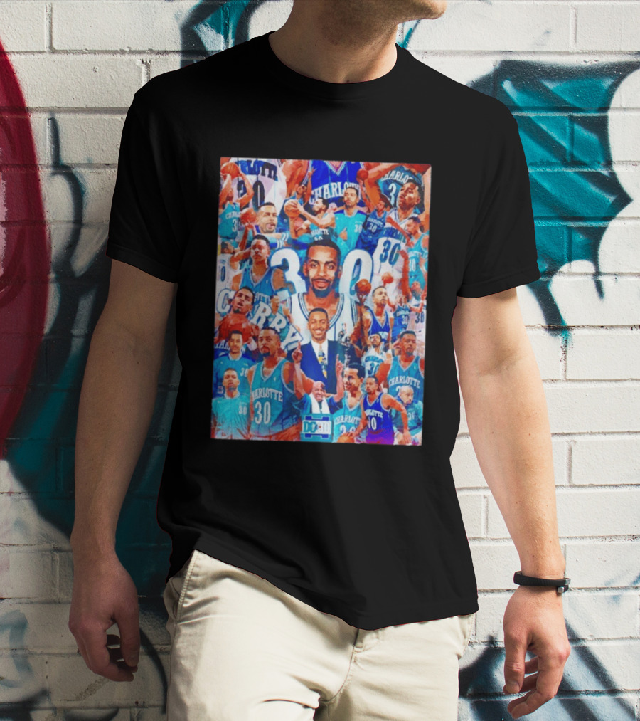 Dell Curry Charlotte Hornets 30 Jersey Collage Throwback T-Shirt