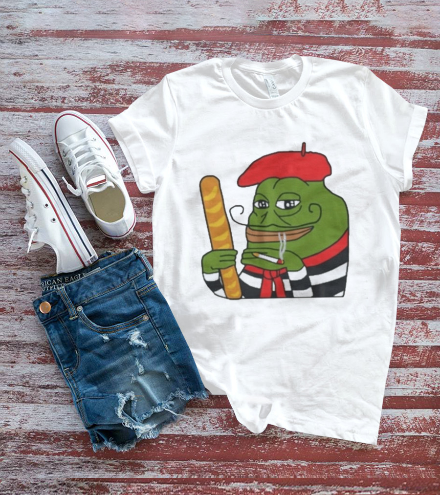 S French Pepe With Baguette And Cigarette Beret Comedy Meme T-Shirt