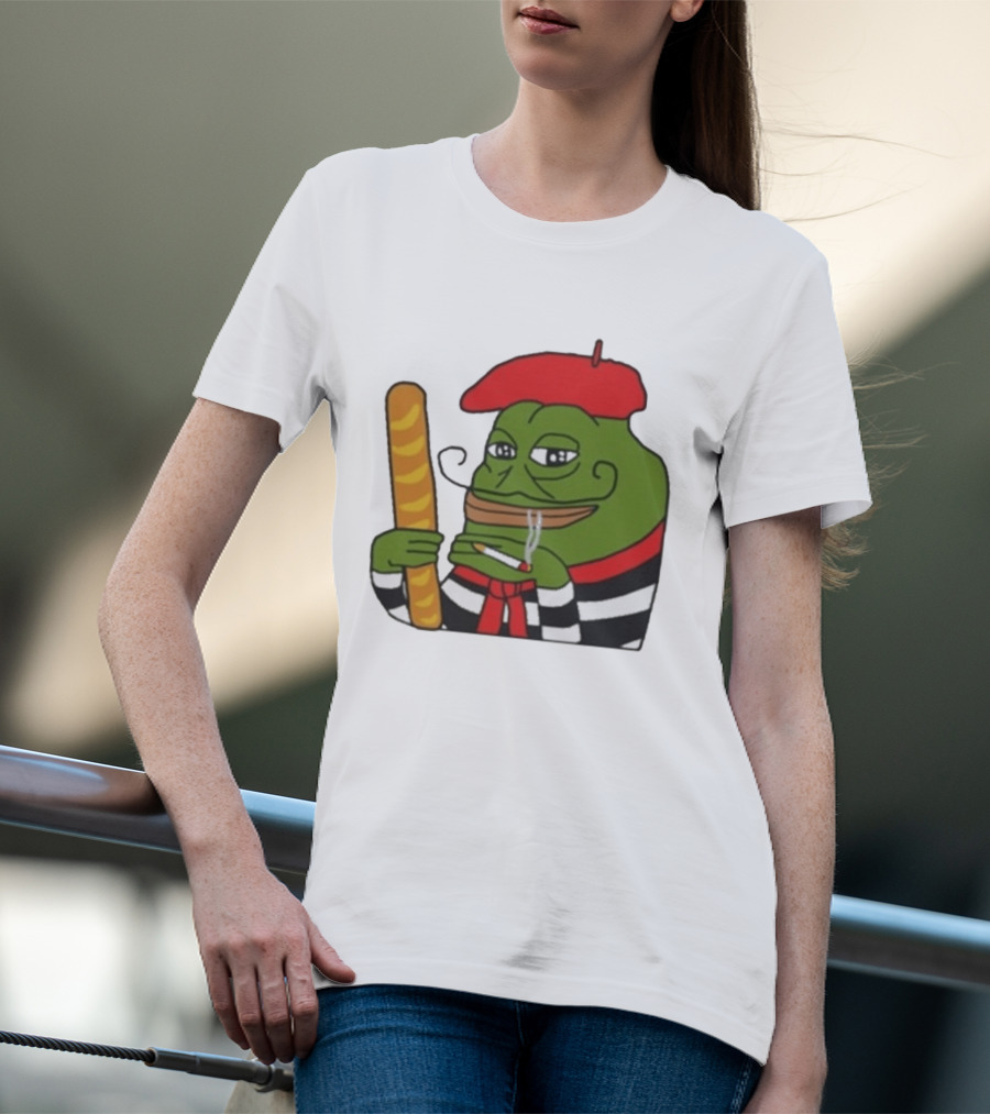 S French Pepe With Baguette And Cigarette Beret Comedy Meme T-Shirt