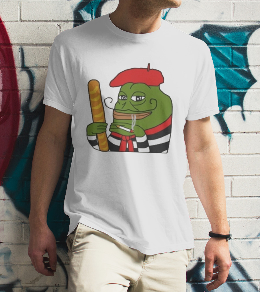 S French Pepe With Baguette And Cigarette Beret Comedy Meme T-Shirt
