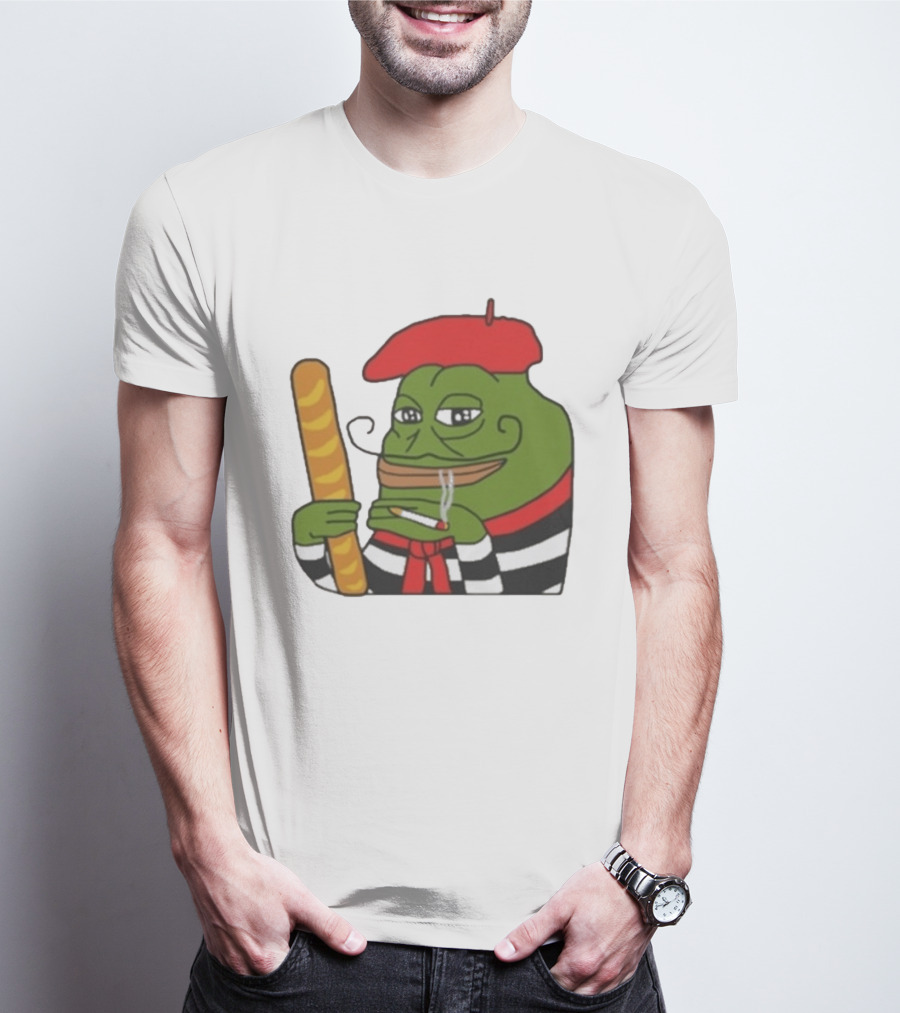 S French Pepe With Baguette And Cigarette Beret Comedy Meme T-Shirt