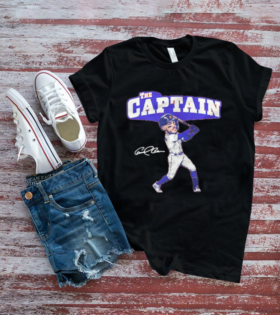 The Captain Carlos Correa Caricature Baseball Player Swinging Bat With Signature T-Shirt