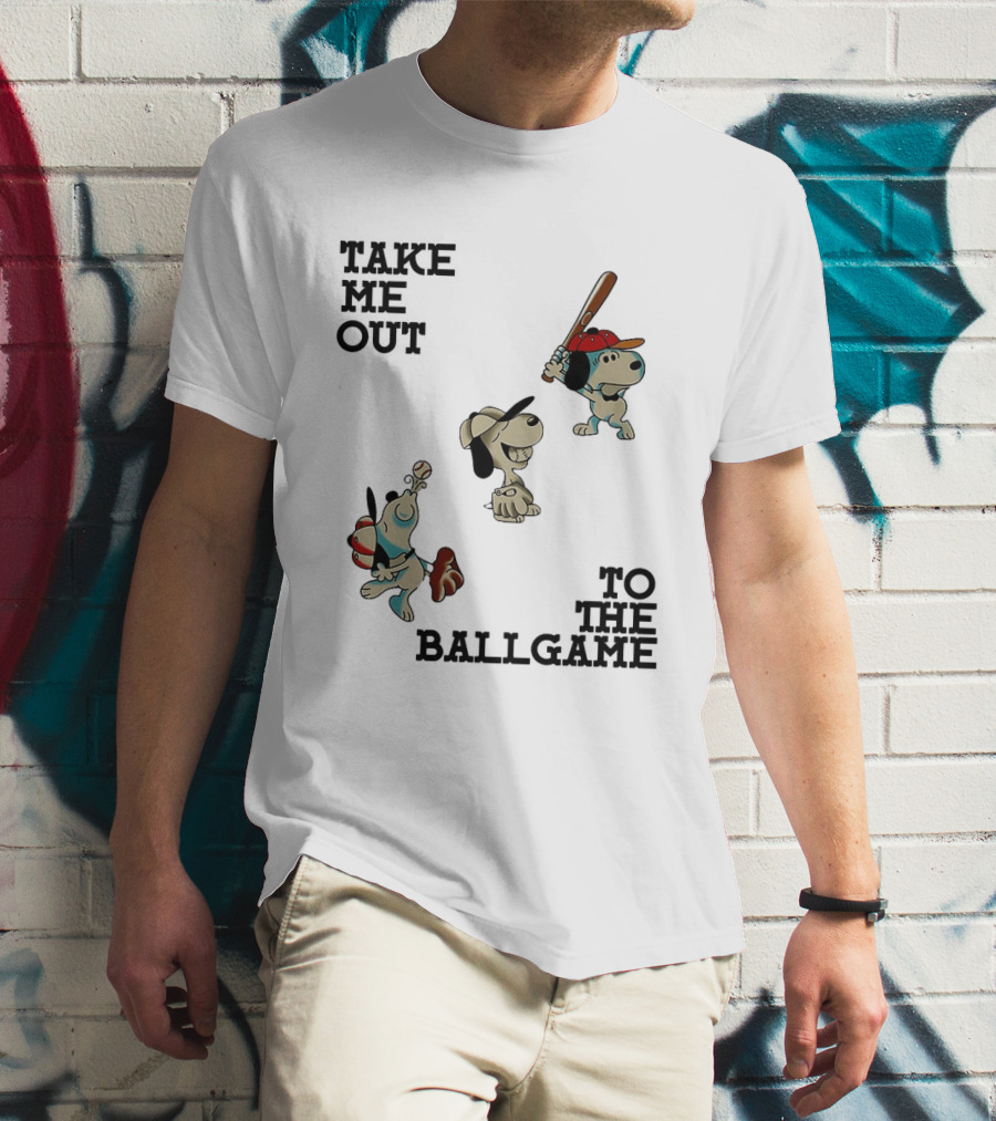 Snoopy Take Me Out To The Ballgame Baseball Red Cap Batting And Catching T-Shirt