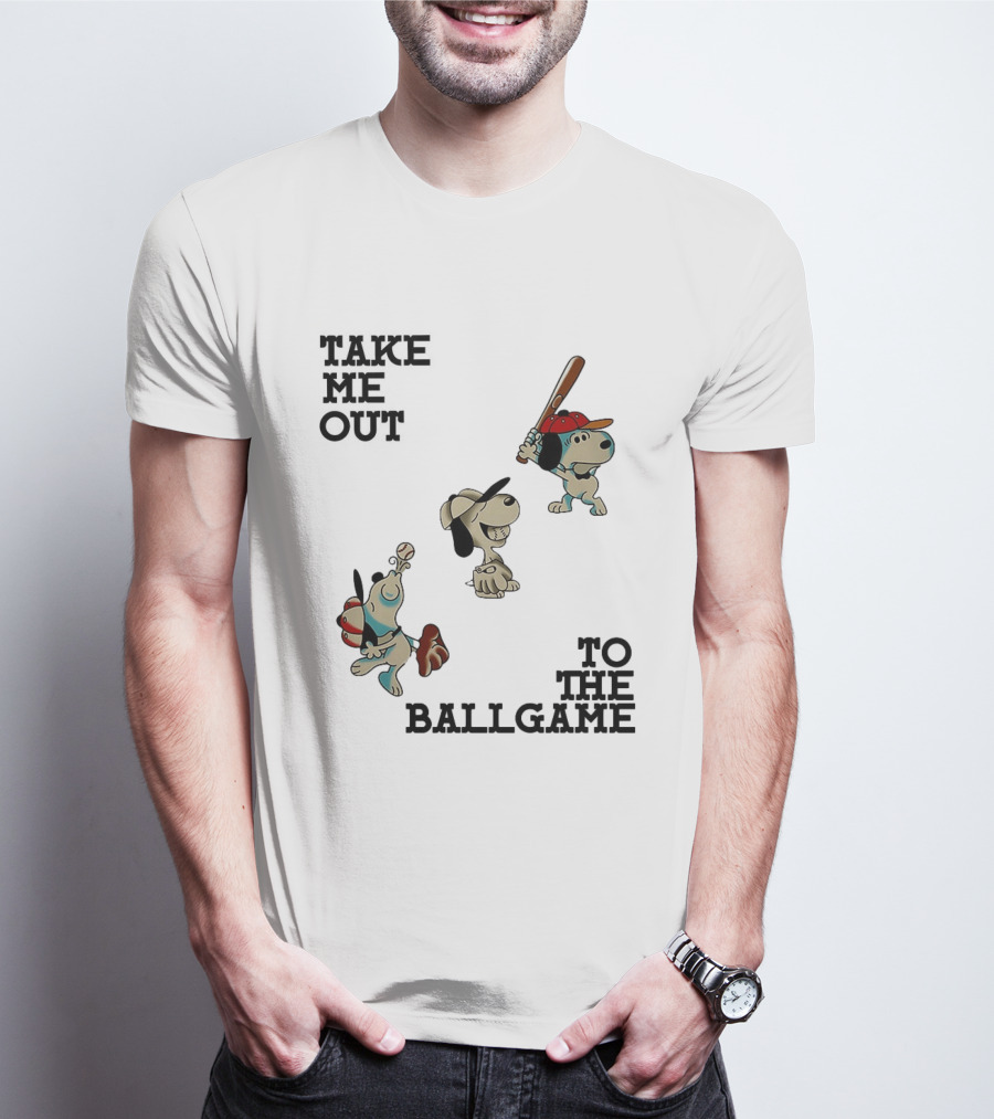 Snoopy Take Me Out To The Ballgame Baseball Red Cap Batting And Catching T-Shirt