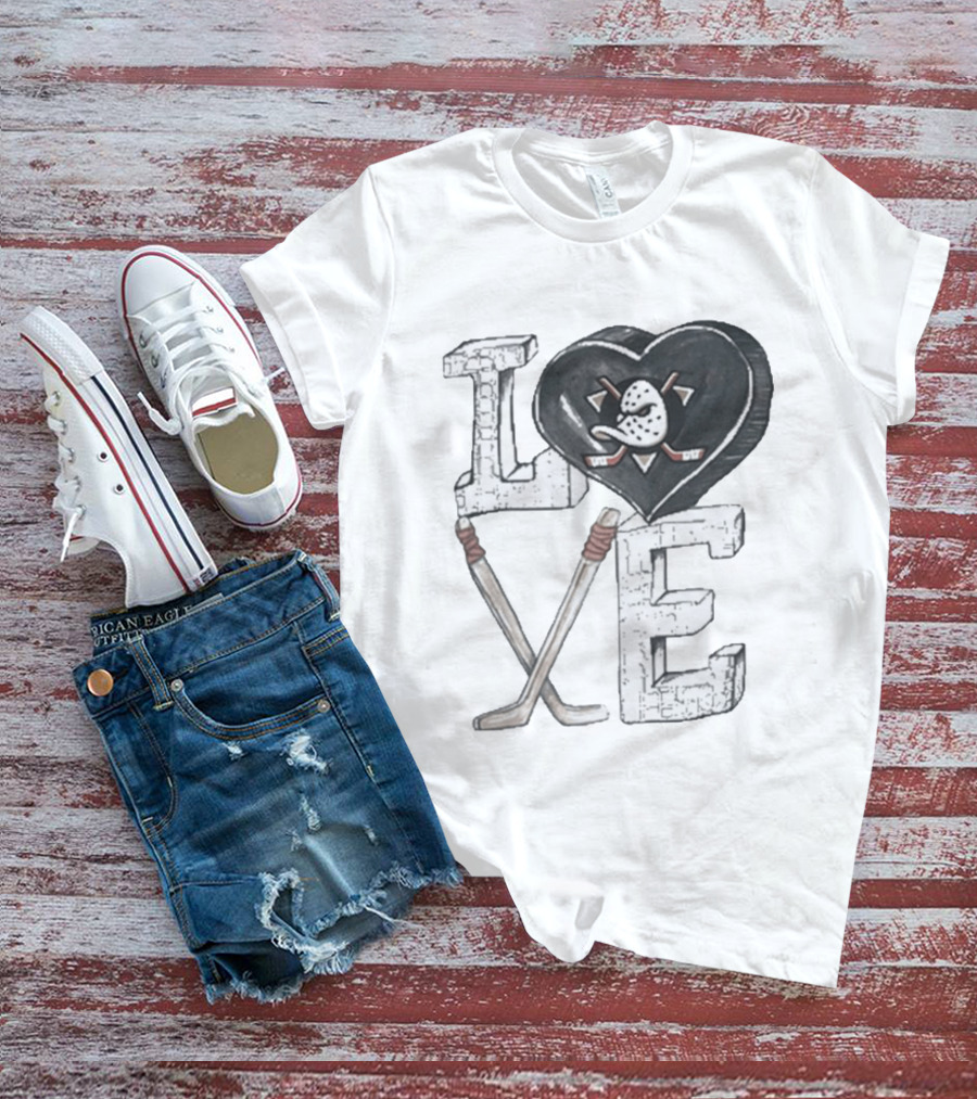 Anaheim Ducks Puck Heart Love Hockey Sticks T-Shirt