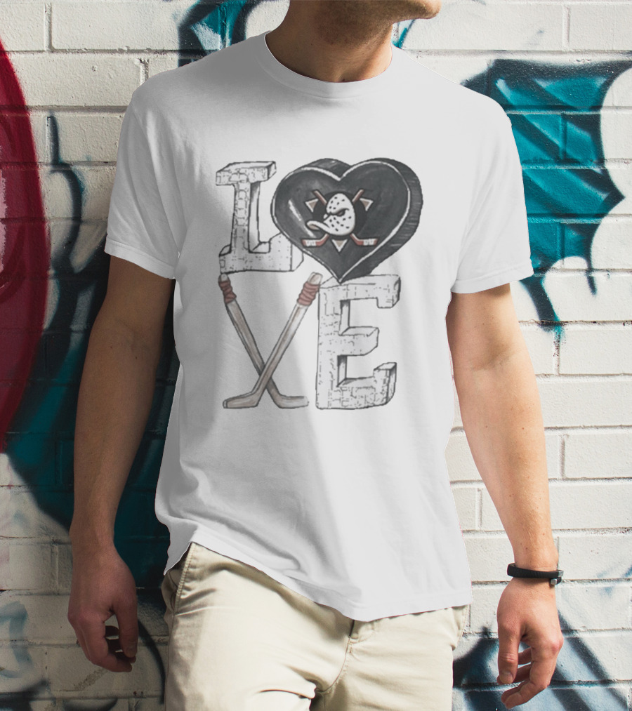 Anaheim Ducks Puck Heart Love Hockey Sticks T-Shirt
