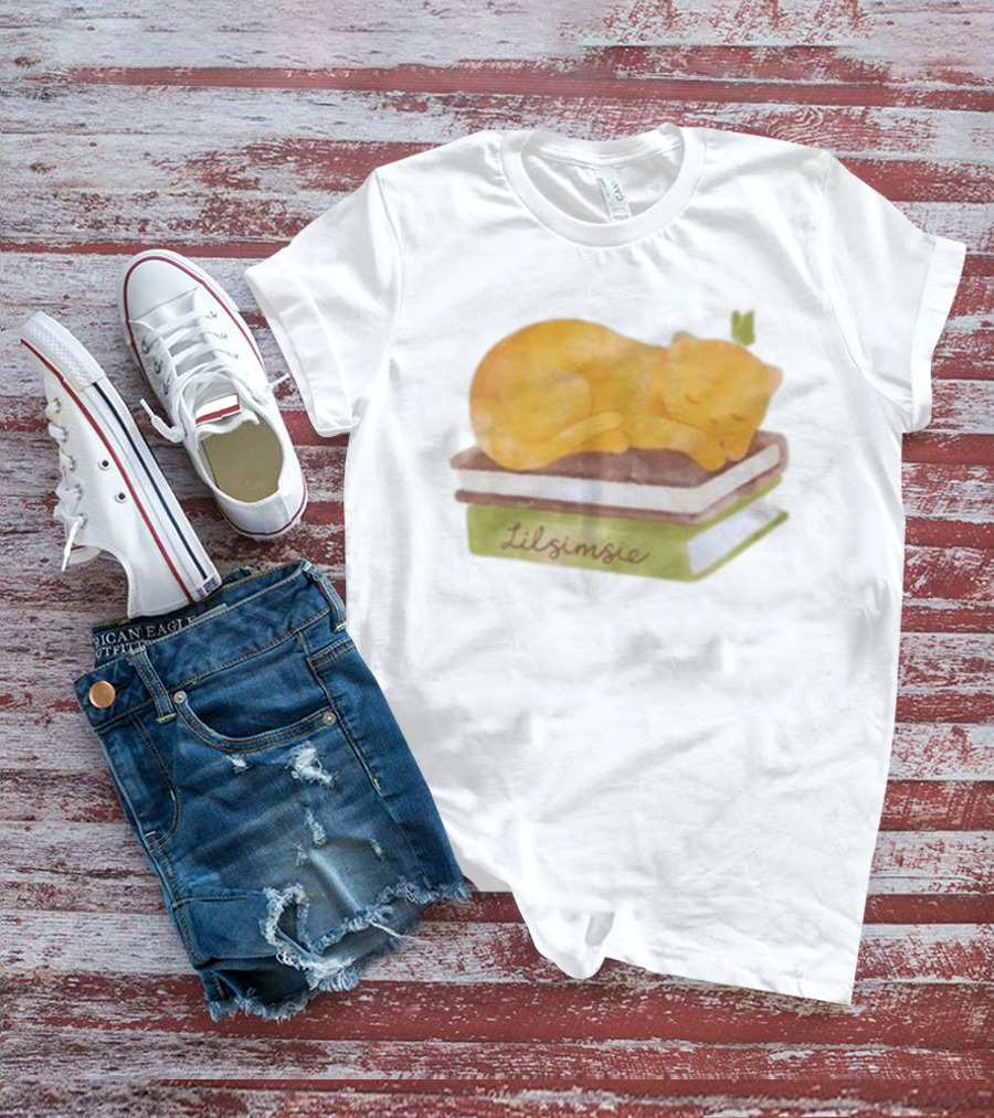 Lilsimsie Sleeping Cat On Books T-Shirt