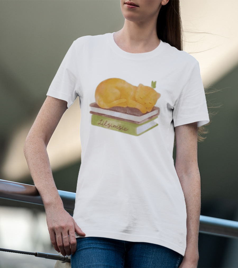 Lilsimsie Sleeping Cat On Books T-Shirt