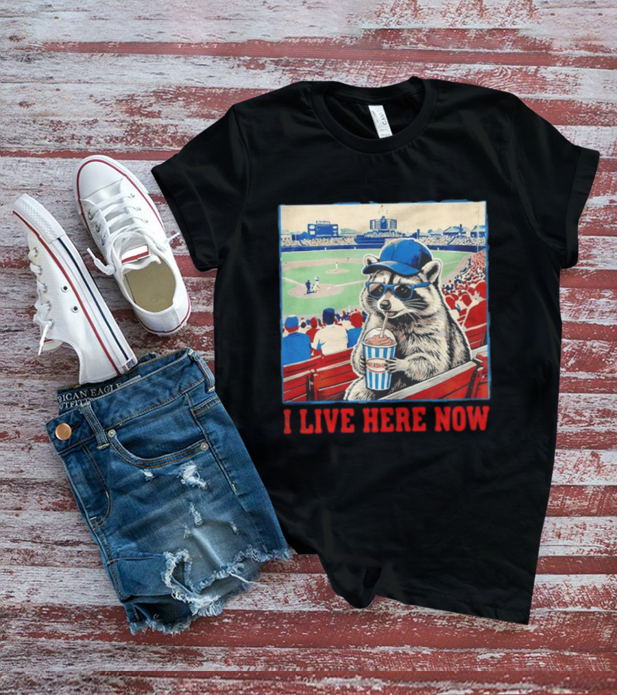 Raccoon Milkshake Baseball Field I Live Here Now T-Shirt