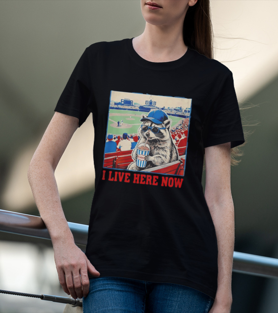 Raccoon Milkshake Baseball Field I Live Here Now T-Shirt
