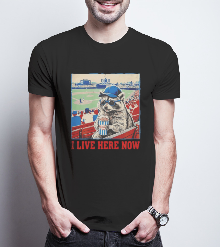 Raccoon Milkshake Baseball Field I Live Here Now T-Shirt
