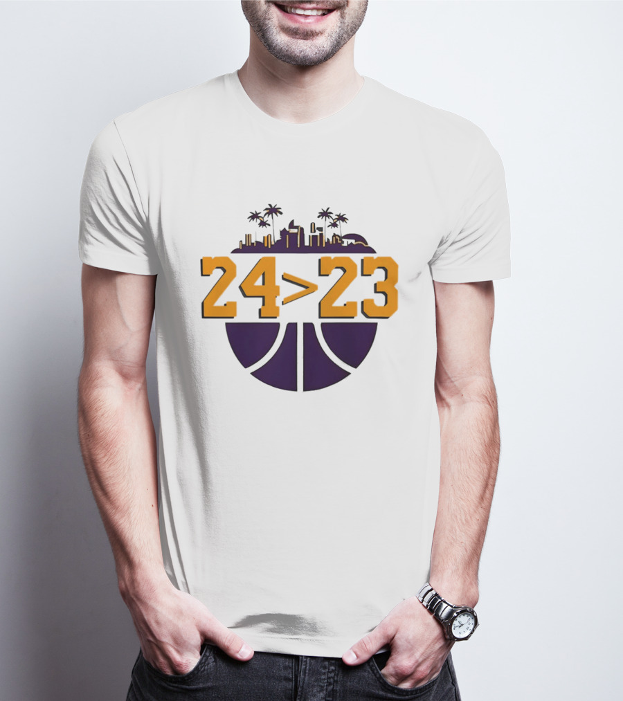 Kobe Bryant LeBron James 24 Greater Than 23 Basketball Skyline T-Shirt