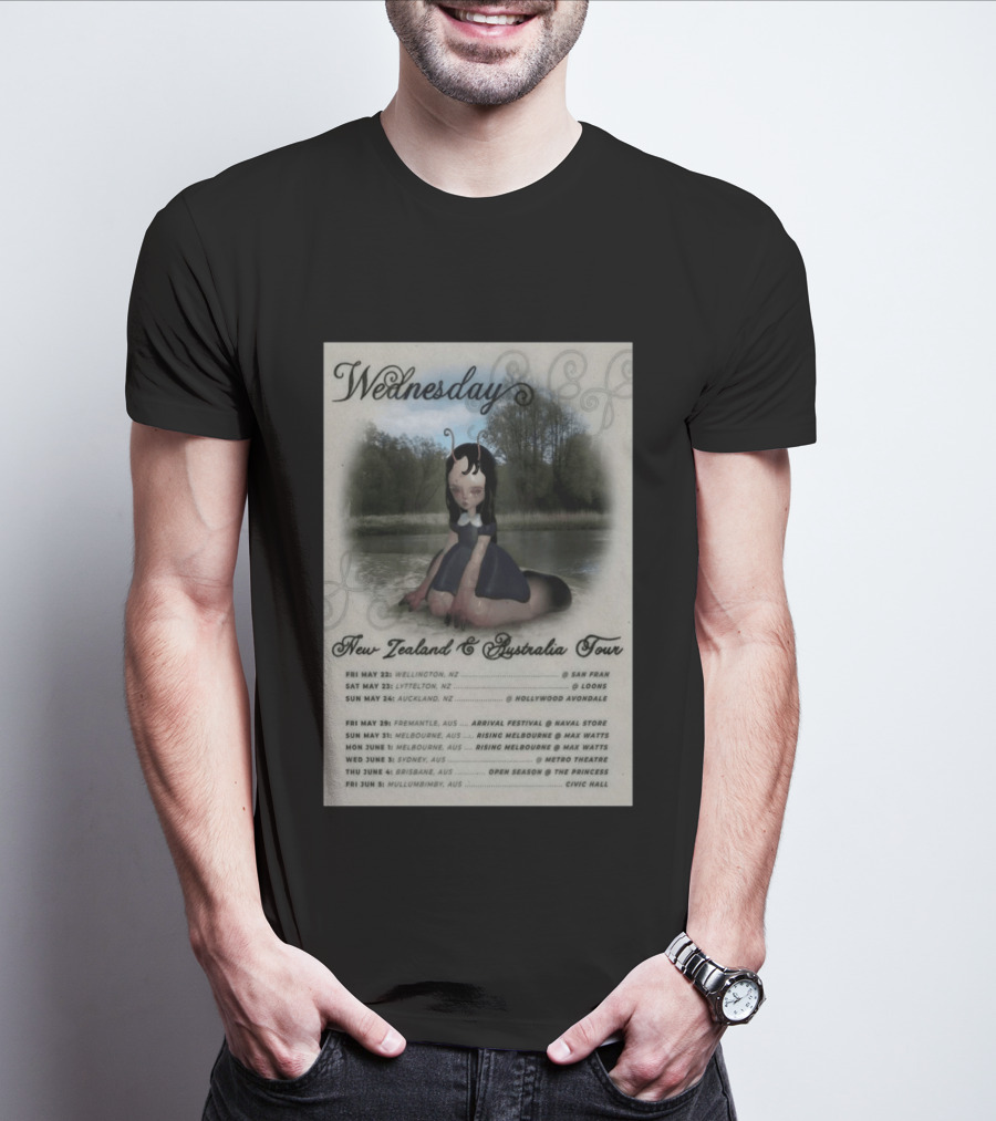 Wednesday New Zealand Australia Tour 2026 Wellington Lyttelton Auckland Fremantle Melbourne Sydney Brisbane Mullumbimby T-Shirt