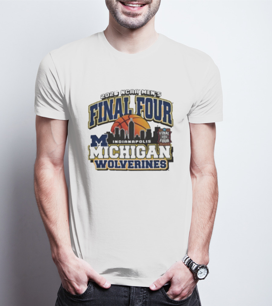 NCAA Men's Final Four 2026 Michigan Wolverines Indianapolis Skyline Basketball T-Shirt