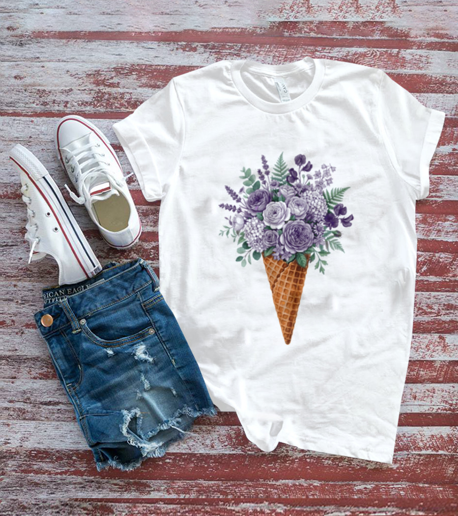 Floral Ice Cream Cone Plant Bouquet T-Shirt