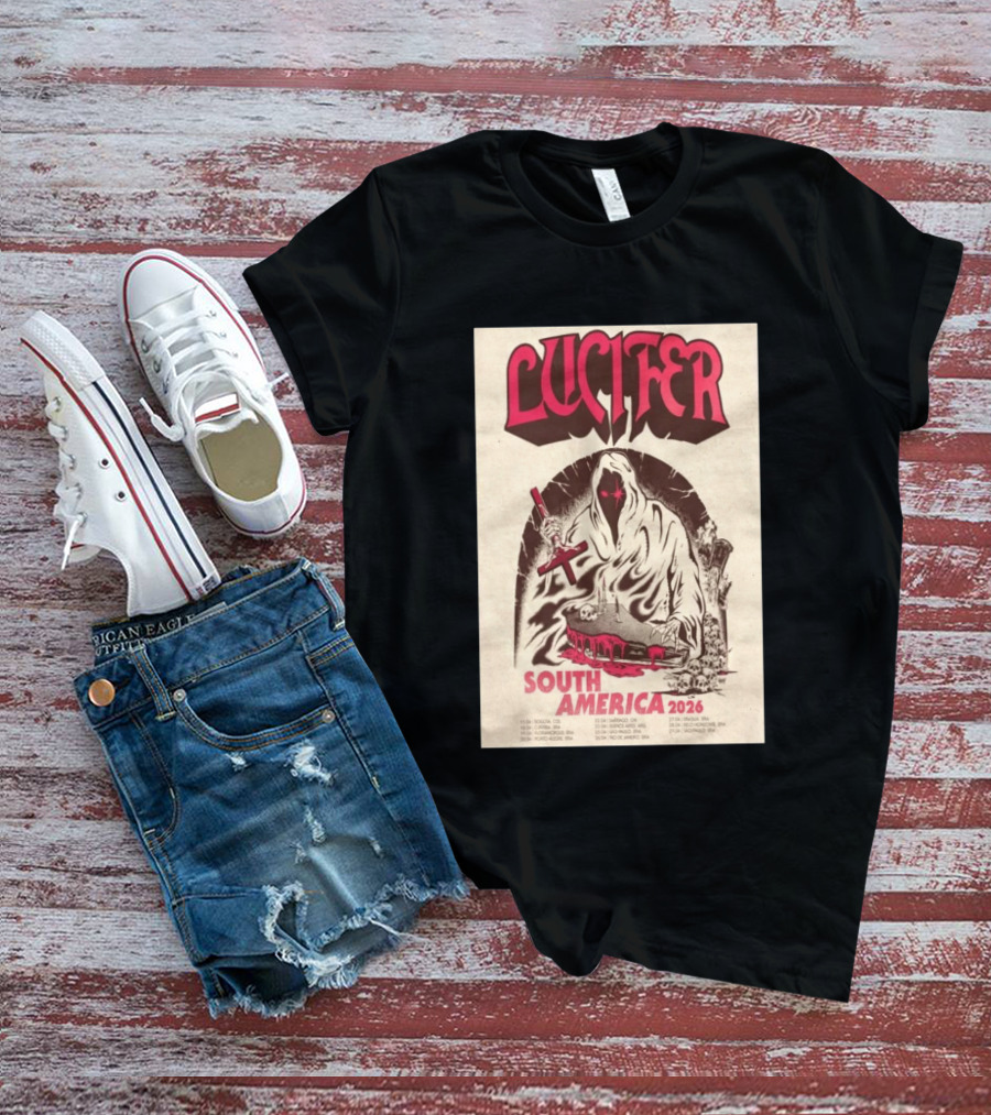 Lucifer South America 2026 Tour Schedule With Hooded Figure And Skulls T-Shirt