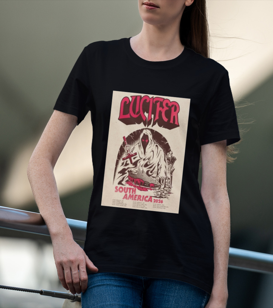 Lucifer South America 2026 Tour Schedule With Hooded Figure And Skulls T-Shirt