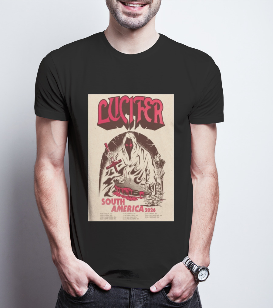 Lucifer South America 2026 Tour Schedule With Hooded Figure And Skulls T-Shirt