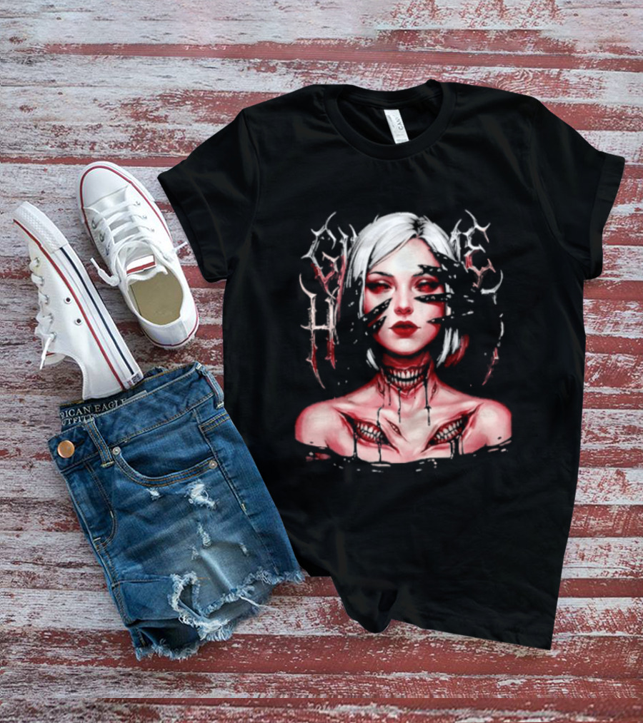 Dark Embrace Washed Creepy Pale Woman Fantasy Eyes T-Shirt