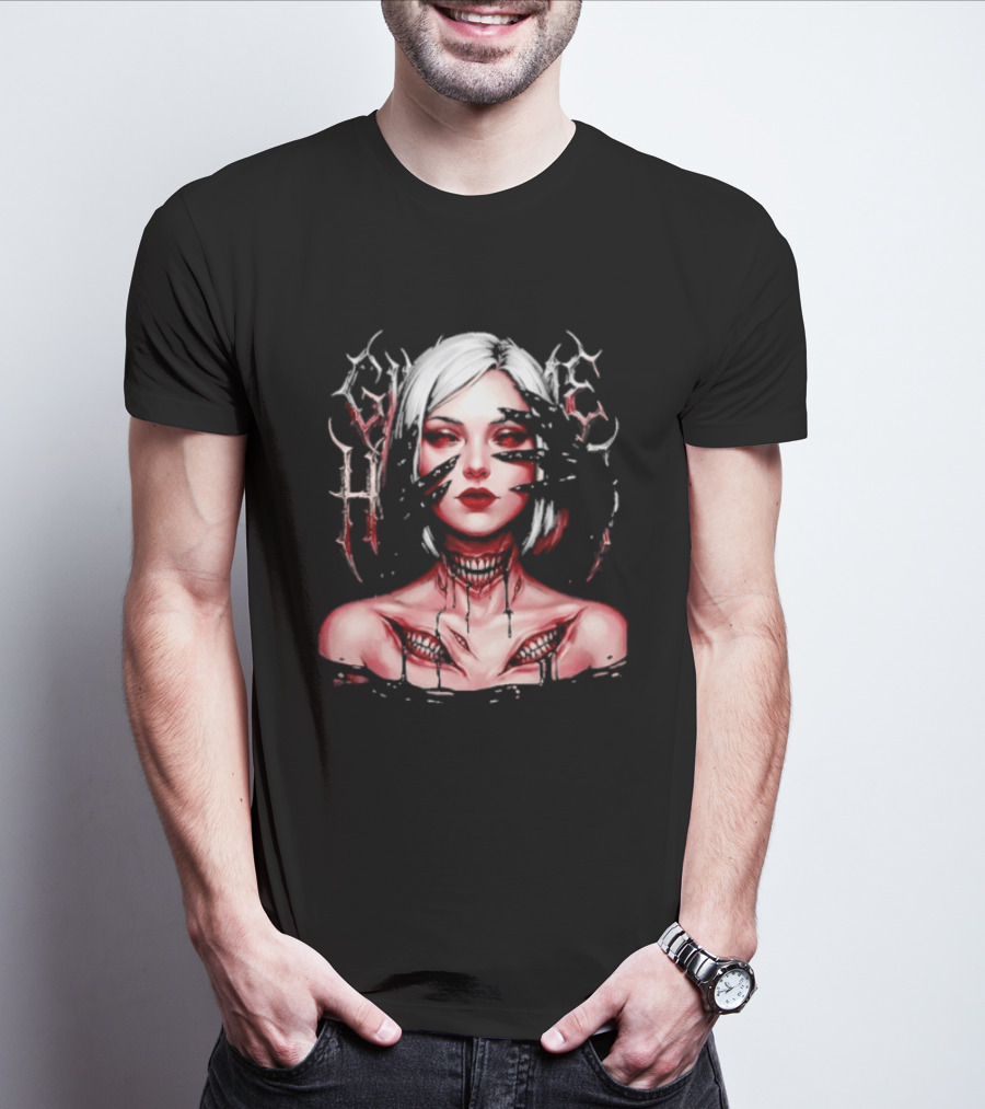 Dark Embrace Washed Creepy Pale Woman Fantasy Eyes T-Shirt