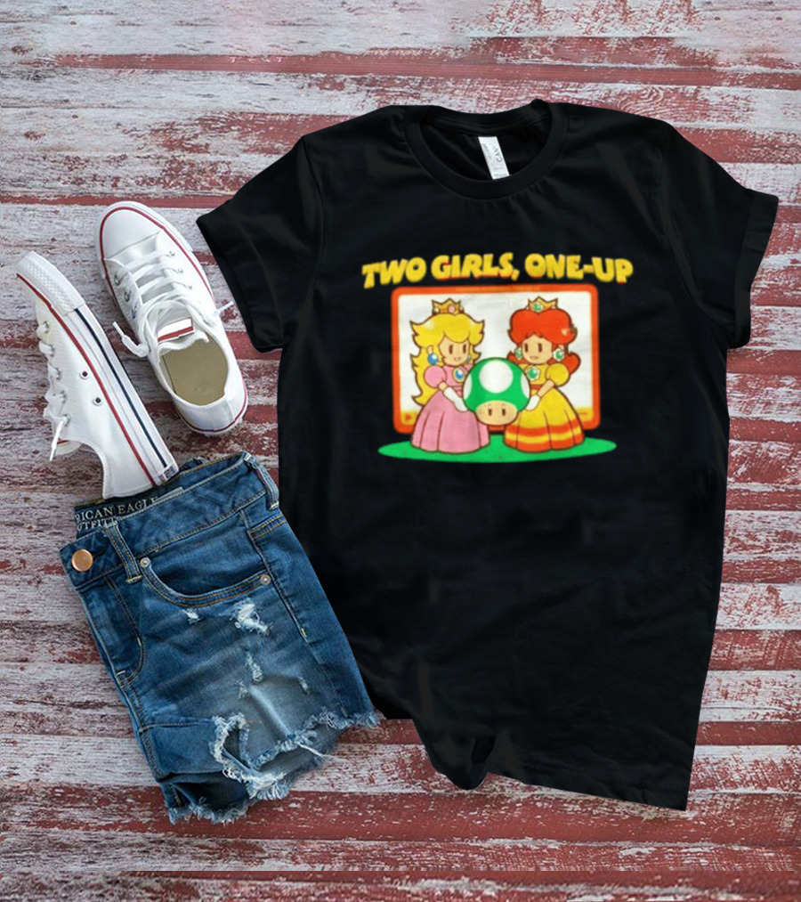 Two Girls One Up Mario Princess Peach Daisy 1 Up Mushroom T-Shirt