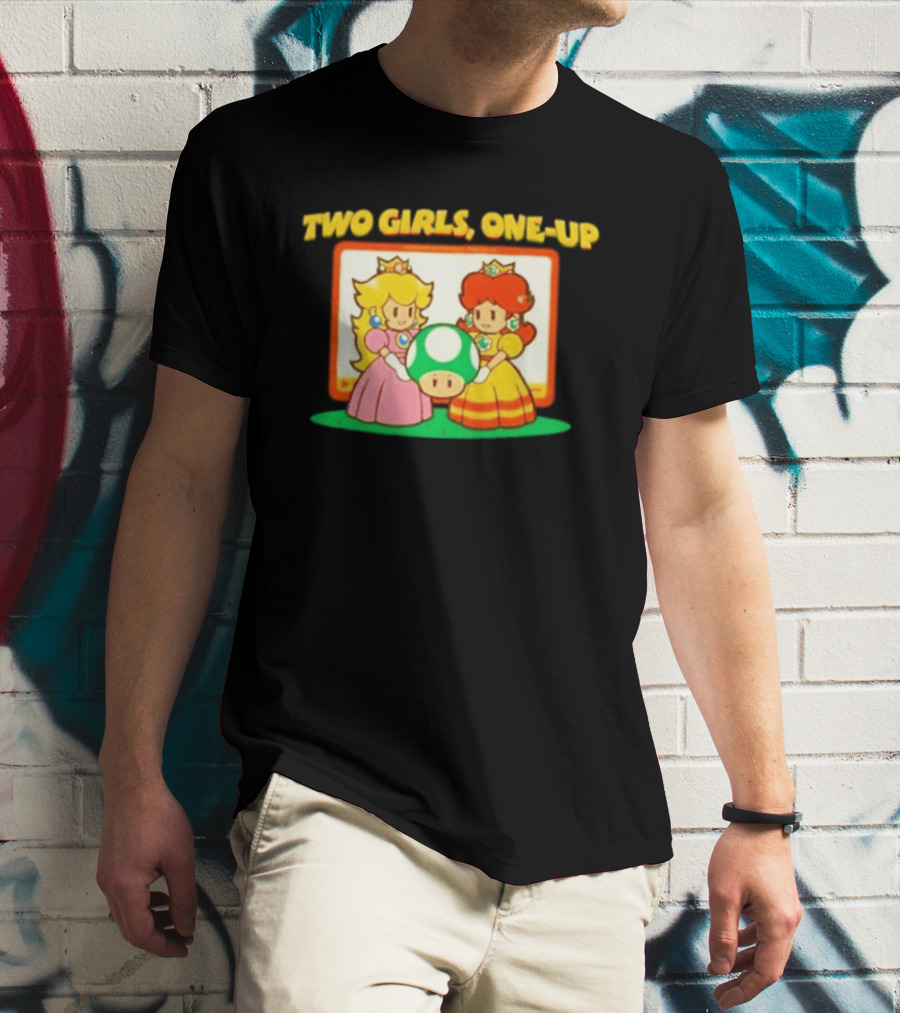 Two Girls One Up Mario Princess Peach Daisy 1 Up Mushroom T-Shirt