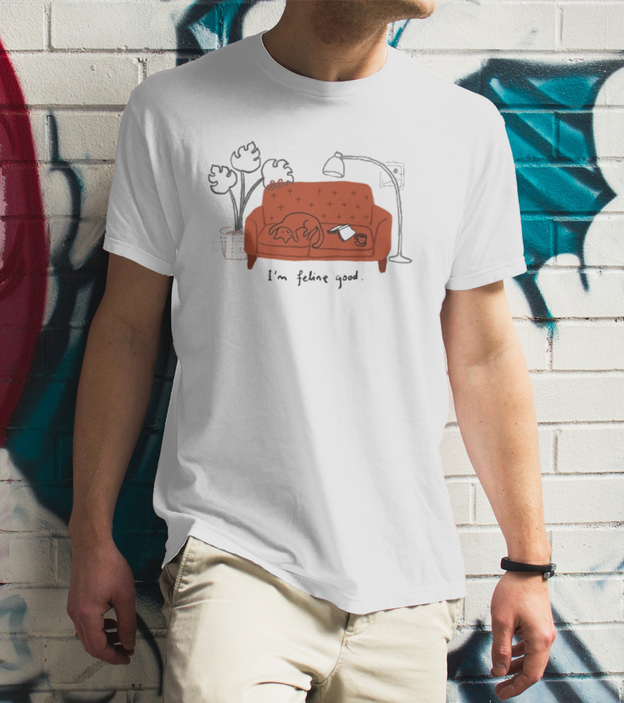 Wituka I'm Feline Good Cat On Couch With Coffee Cup And Lamp T-Shirt