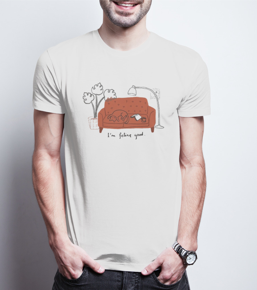 Wituka I'm Feline Good Cat On Couch With Coffee Cup And Lamp T-Shirt