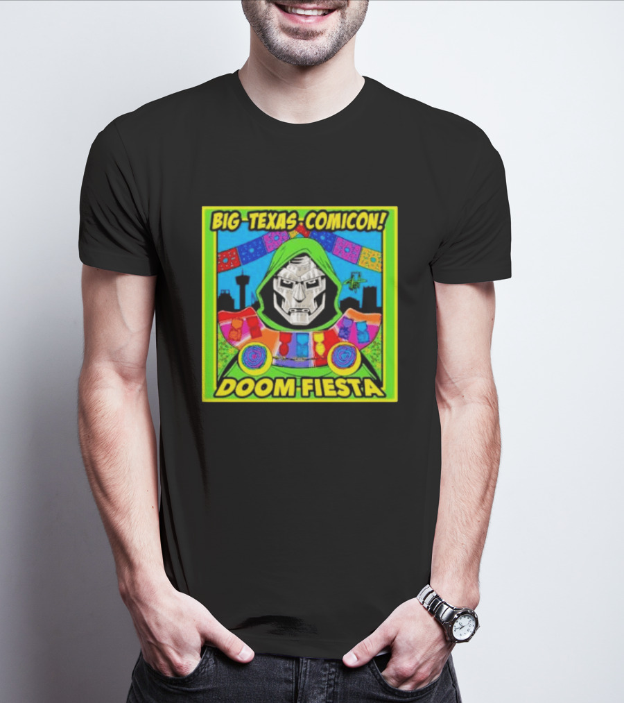 Big Texas Comicon Doom Fiesta Colorful Celebration With Iconic Mask T-Shirt